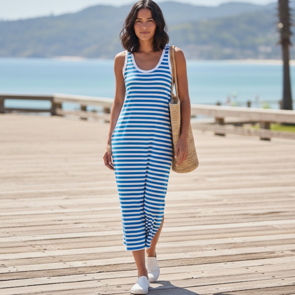 Pact Soft Spun Organic Cotton Blue and White Striped Midi Dress Size Large
